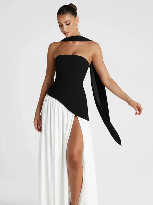 Elegant Solid Pleated Maxi Dress for Women with Sexy Sleeveless Off Shoulder Design and High Slit Party Wear